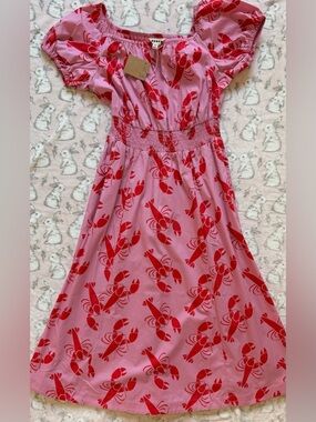 Boden PETITE Pink Midi Dress with Red Lobster Print NWT